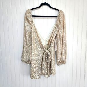NEW LUXXEL Nude Silver Sequins Long Sleeve Wrap Romper size Small